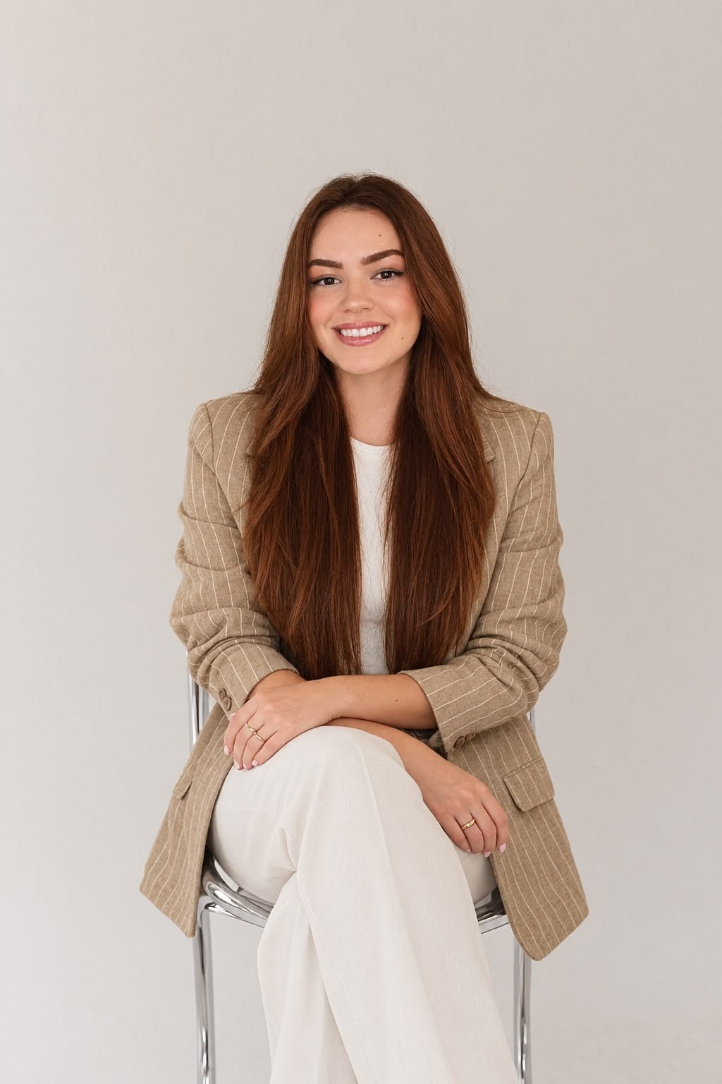 Aline Arruda, nutricionista, sentada e sorrindo.